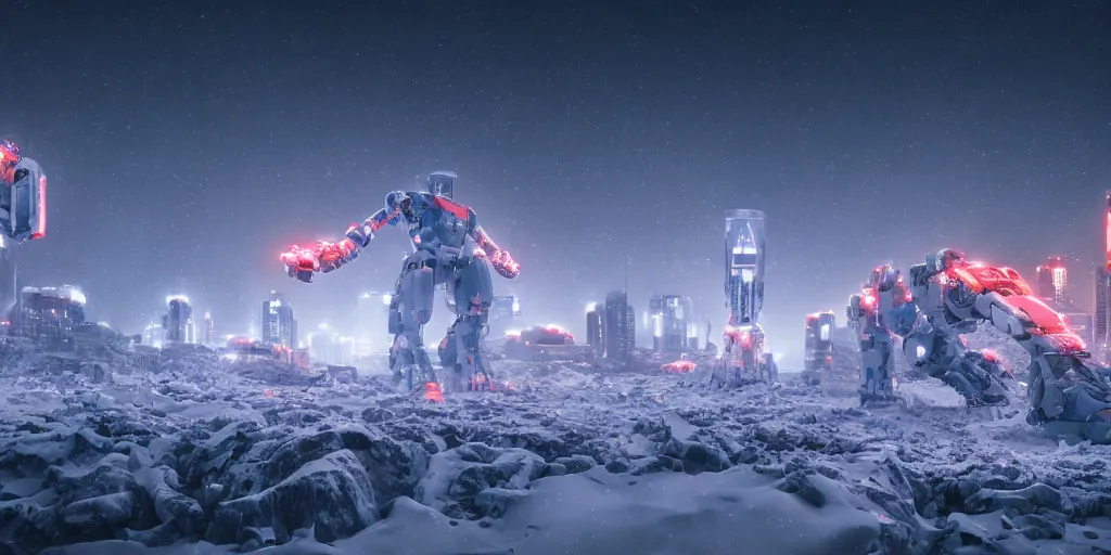 Image similar to a giant robot, megastructure, in a snowy land, render, 4 k, neon light