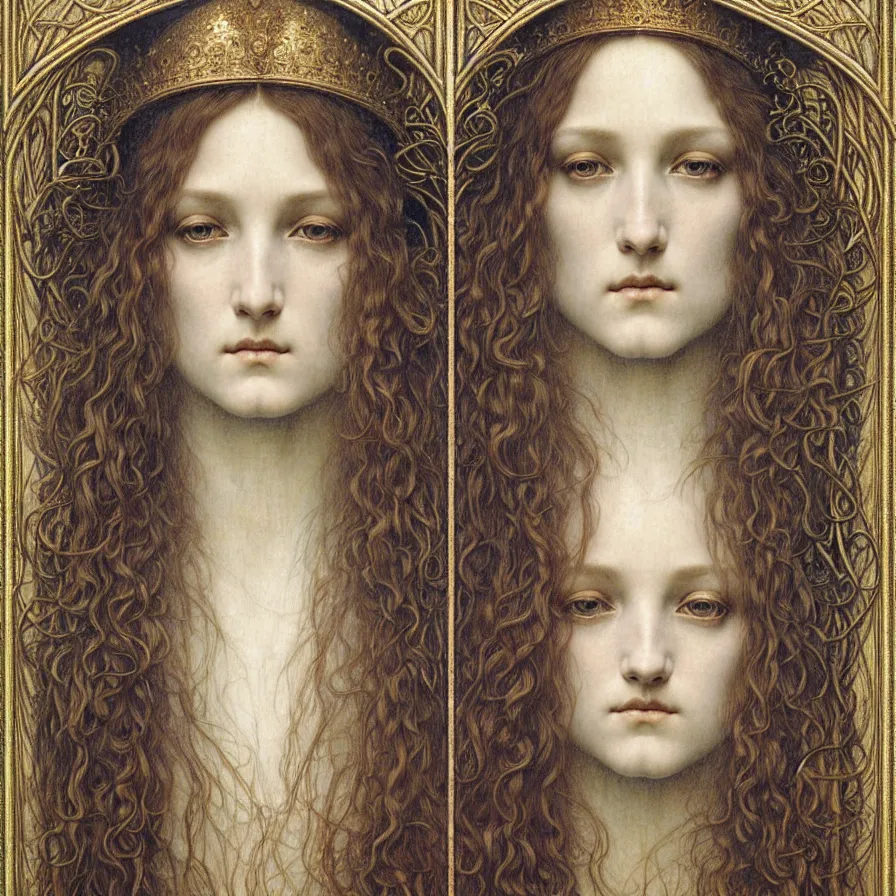 Image similar to detailed realistic beautiful young medieval queen face portrait by jean delville, gustave dore and marco mazzoni, art nouveau, symbolist, visionary, gothic, pre - raphaelite. horizontal symmetry