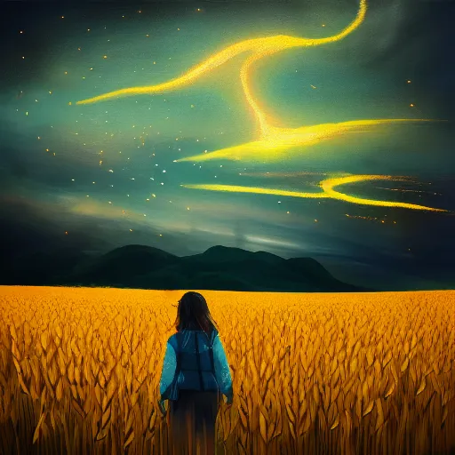 Prompt: giant flower as a head, girl walking in wheat field, hills, surreal photography, dark night, star trails, dramatic light, impressionist painting, clouds, digital painting, artstation, simon stalenhag