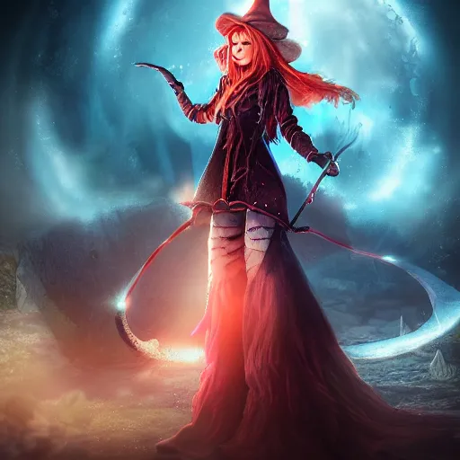 Image similar to a beautiful female witch of the bloodmoon character, character is in all its glory, full body shot, rim lights, particles and dust in the air, fancy clouds, highly detailed professional photo, dynamic lights, particles are flying, depth of field, trending on artstation, professional illustration, hyper realistic, super detailed, colorful accents, cinematic shot