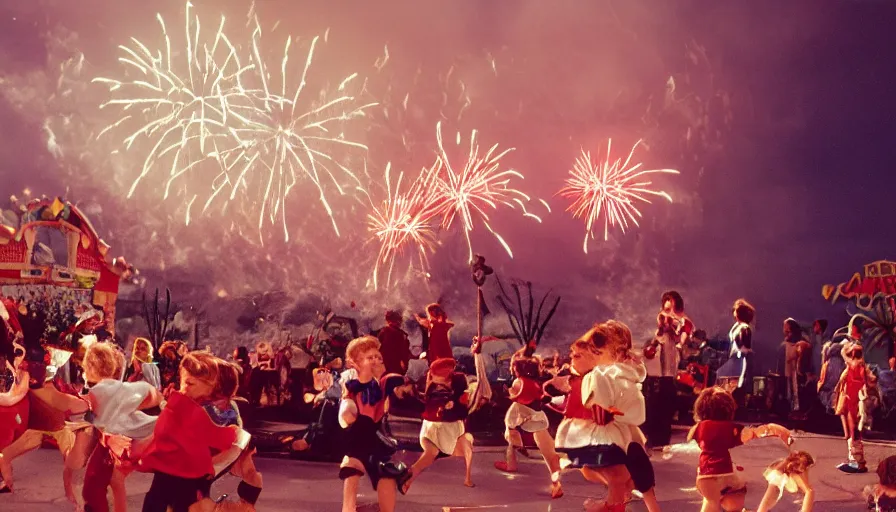 Prompt: 1 9 9 0 s candid 3 5 mm photo of a beautiful day in the living room, cinematic lighting, cinematic look, golden hour, a miniature amusement park in the living room is setting off fireworks, kids dance and point at the fire works, small mascots run around the room, uhd