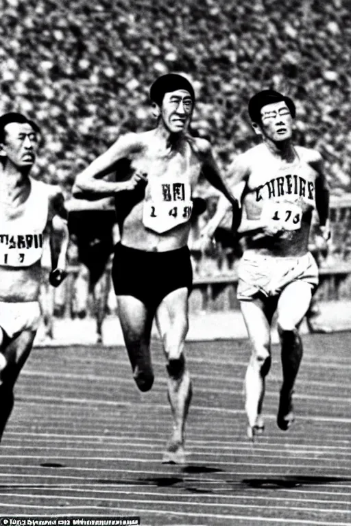 Image similar to Louis zamperini races against emperor Hirohito in the 400 meter,in the style of laurel and hardie