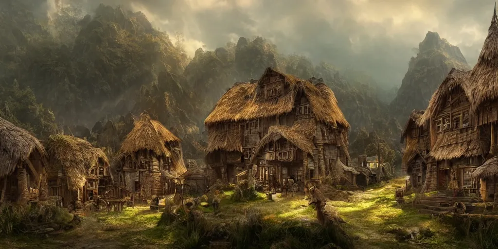 Prompt: beautiful matte painting of a fantasy village by weta workshop 4 k, cinematic dramatic atmosphere, dramatic lighting