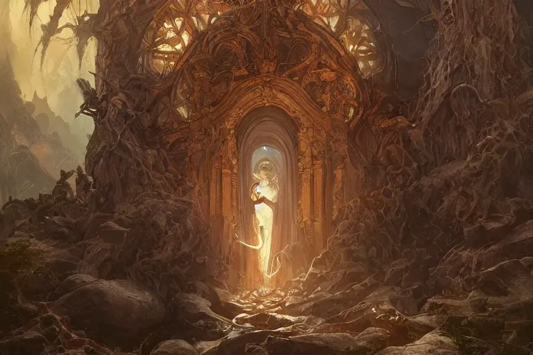 Prompt: painting of sacred ancient evil corrupted cursed portal to another dimension, demonic forces, concept art, intricate details, eerie, highly detailed, photorealistic, octane render, 8 k, unreal engine. art by artgerm and greg rutkowski and alphonse mucha