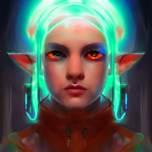 Image similar to portrait of an elf in a cyberpunk style, neon lights, digital art, artstation cgsociety masterpiece