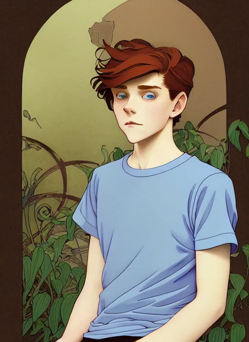 Image similar to art nouveau portrait of a teen boy with completely straight auburn hair, light blue eyes, pale skin, freckles, sad expression, t - shirt, modern casual clothing, natural lighting, path traced, highly detailed, high quality, cartoon, digital painting, by don bluth and ross tran and studio ghibli and alphonse mucha