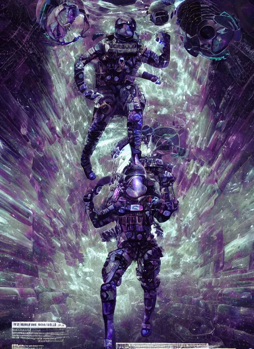 Image similar to astronauts in the dark infinite underwater void - complex and hyperdetailed technical suit, fabric material. reflection and dispersion materials. rays and dispersion of light. volumetric light. wide angle, f / 3 2. noise film photo. flash photography. ultra realistic, wide angle. poster by wayne barlowe, hajime sorayama aaron horkey, craig mullins