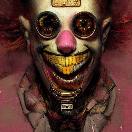 Prompt: Portrait of a creepy steampunk clown, fantasy, colorful, detailed, by Greg Rutkowski and Dave McKean, pink and gold color palette