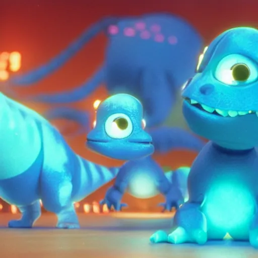 Image similar to cute smiling pixar and chibi style electric blue scaled glowing baby dinosaurs in tron movie, cinestill