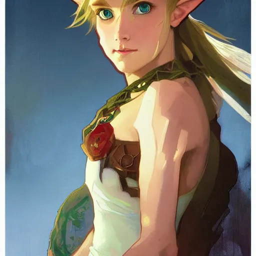 Image similar to Stunning portrait of a young slightly feminin Link from the Legend of the Zelda. Art by Greg Rutkowski and Alphonse Mucha