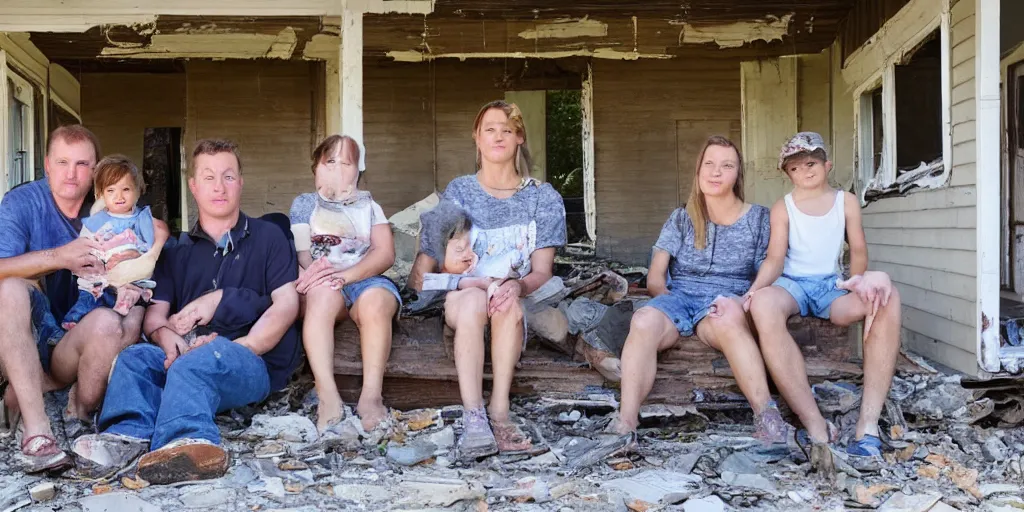 Prompt: photo of unusually small white redneck family sitting on front porch of dilapidated house,