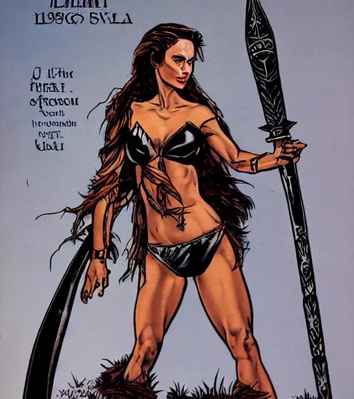 Prompt: 1 9 8 0 s fantasy novel book cover, amazonian angelina jolie in extremely tight bikini armor wielding a cartoonishly large sword, exaggerated body features, dark and smoky background, low quality print