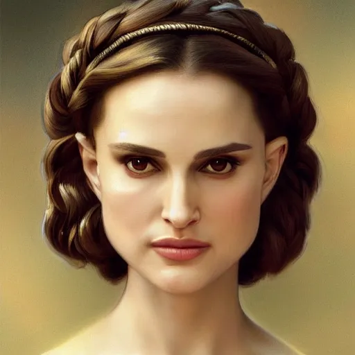 Prompt: Painting of Natalie Portman as Padme Amidala. Art by william adolphe bouguereau. During golden hour. Extremely detailed. Beautiful. 4K. Award winning.