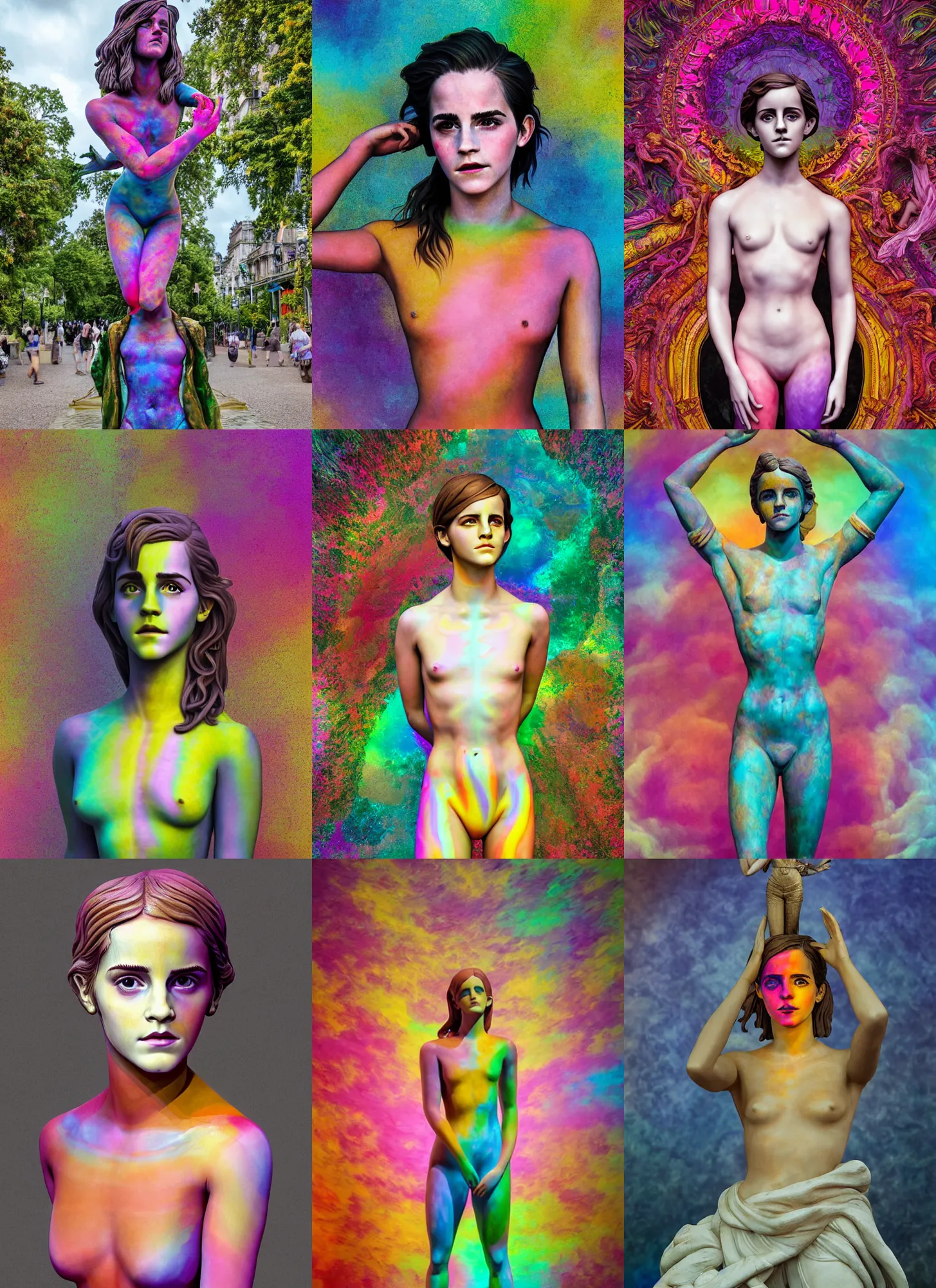 Prompt: full body statue of Emma Watson by Jean-Baptiste Carpeaux and Luo Li Rong and Michael James Talbot, all body, perfect symmetrical face, colorful, psychedelic psychedelic psychedelic psychedelic colors, rainbow bodypaint, synthwave, in full growth, elegant, realistic, 8K, female full-skin figure, hyperrealism, subsurface scattering, raytracing, rim light, Octane Render, Redshift, Zbrush, complex psychedelic glitch background