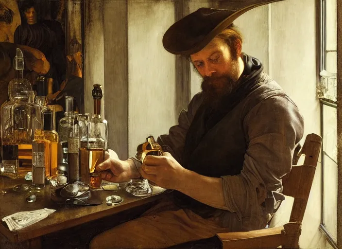 Prompt: an exhausted painter in his studio with a bottle of whisky painting a self portrait, by edgar maxence and caravaggio and michael whelan and delacroix style, artistic, intricate drawing, cinematic lighting, hyper realistic, extremely detailed, establishing shot, 8 k resolution, dramatic lighting