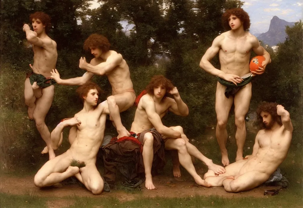 Prompt: pre-Raphaelite male muscular athletic gamers playing games on laptops by Bouguereau