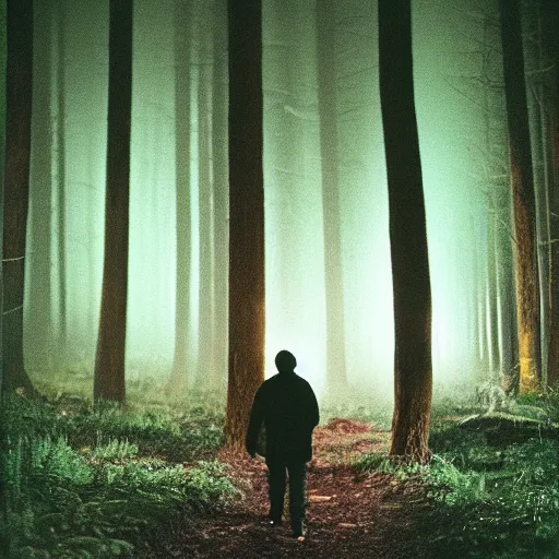 Prompt: a man walks through a forest at night next to the apparition of a woman, cinematic, Kodak Portra 800 film
