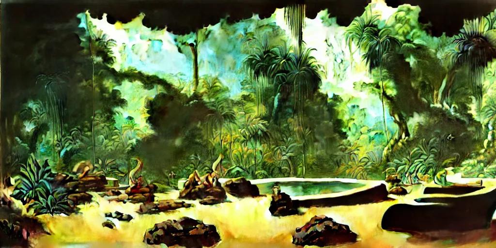 Image similar to a tropical cave that renovate as a luxury interior by syd mead, frank frazetta, ken kelly, simon bisley, richard corben, william - adolphe bouguereau