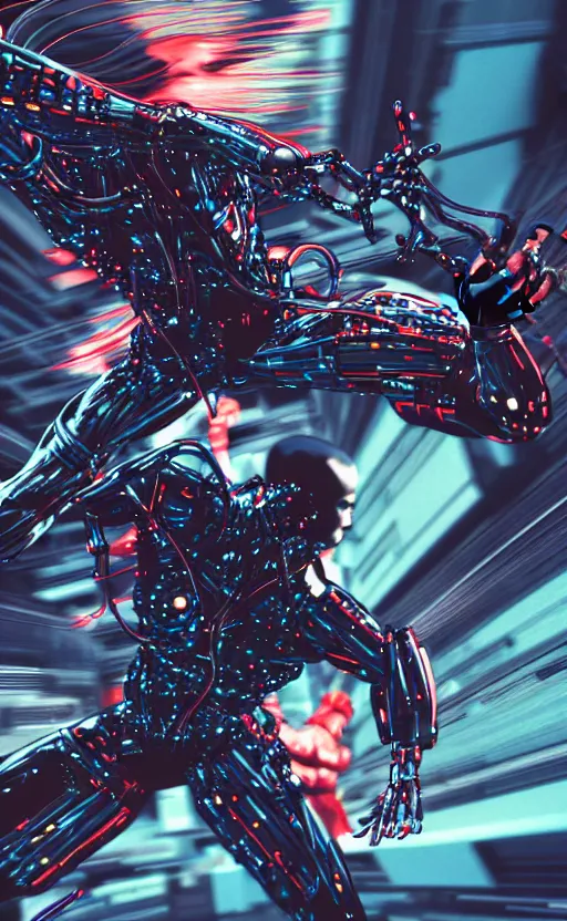Prompt: Detailed dynamic anatomical proportions. Anti-hero leaping into action POV. Cybernetic kung-fu action shot. Dynamic, delirious, creative panel style by Bill Sienkiewicz. Heavy chromatic abberation. Visual distortion. Sci-Fi cyberpunk Comic page made up of art by the best artists Trending on Artstation. Octane render, Raytracing, 3d masterpiece, fantastic lighting by James Gurney. Noir detective genre.