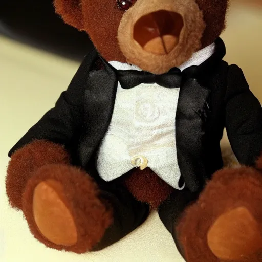 Prompt: a teddy bear in a tuxedo, highly realistic, highly detailed
