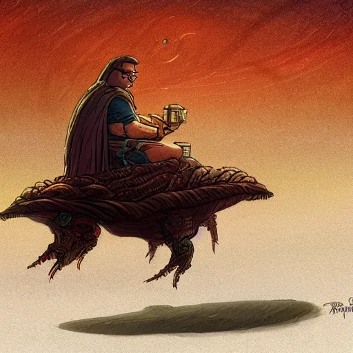 Image similar to ( peter griffin ) riding on the back of a worm from ( dune ), fantasy art, landscape art, in the style of greg rutkowski, illustration, epic