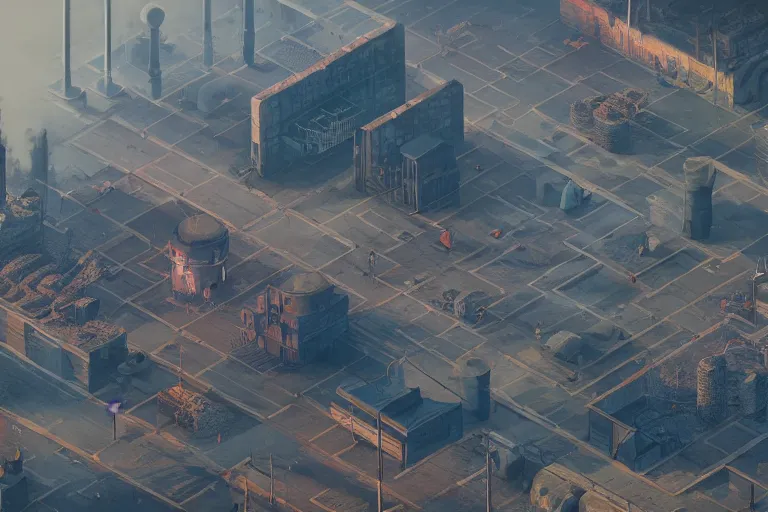 Prompt: isometric soviet industrial rpg game level, digital art, smog, pollution, toxic waste, 3 d render, octane render, volumetrics, by greg rutkowski