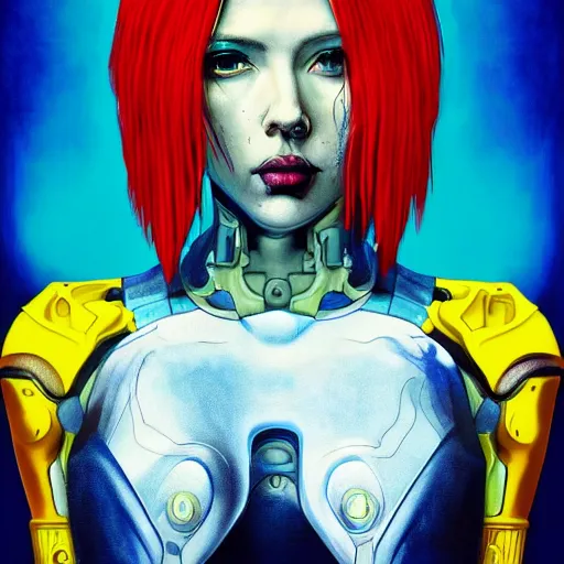 Prompt: photorealistic portrait of ghost in a shell, scarlet johansson, ready to fight, goth punk, vibrant yellow, blue, colors, surreal, a french baroque by by alexander mcqueen, hyper detailed, cinematic lighting