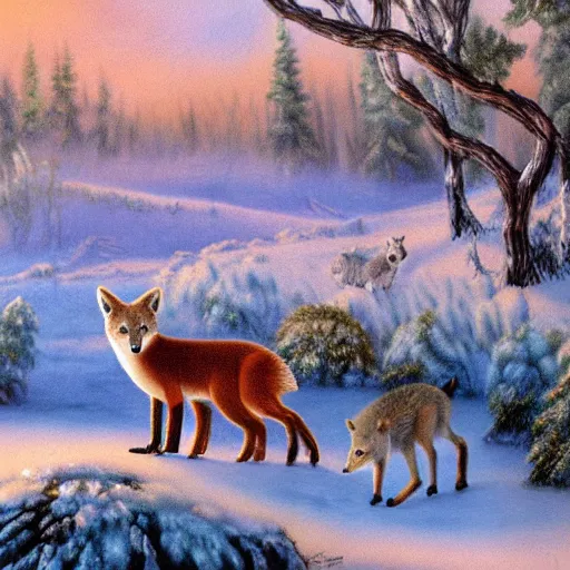 Prompt: photorealistic photograph of an arctic forest with foxes frolicking around by Bob Ross