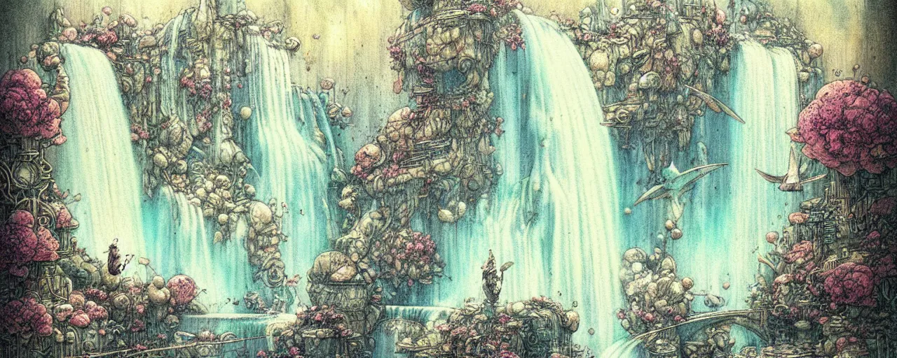 Prompt: retro future art waterfall by jean - baptiste monge, design border lines, decorations, muted colors