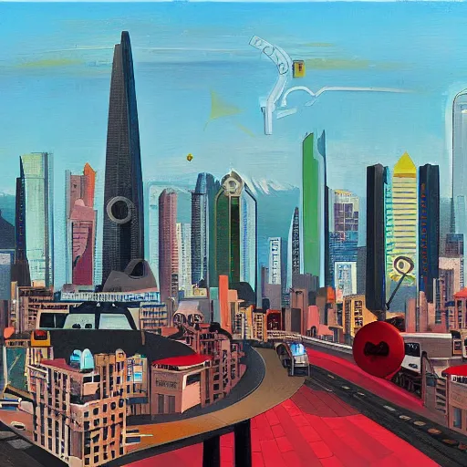 Prompt: futuristic santiago of chile skyline with life based on public transportation, oil on canvas by wes anderson and raoul ruiz and dave mckean