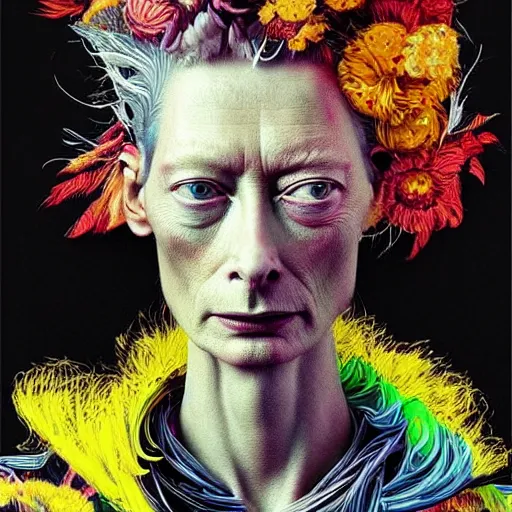 Image similar to a realistic yet sketched fierce neon tilda swinton, trending on artstation, by archan nair and marlene duma, intricate details, flowers, in the style of frank auerbach, in the style of martin ansin, in the style of david aja, in the style of mattias adolfsson