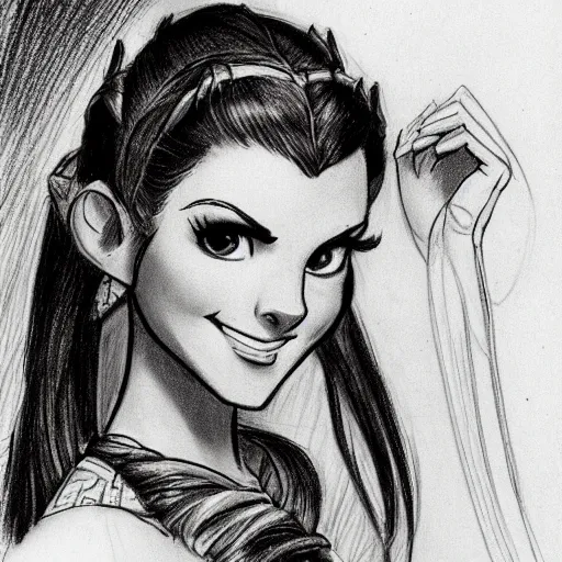 Prompt: milt kahl sketch of victoria justice with done up hair, tendrils and ponytail as princess padme from star wars episode 3