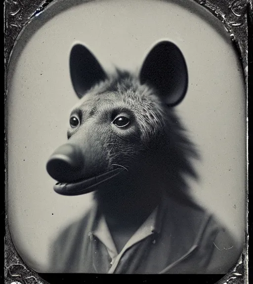 Prompt: professional studio photo portrait of anthro anthropomorphic spotted hyena head animal person fursona wearing casual tshirt clothes by Louis Daguerre daguerreotype tintype