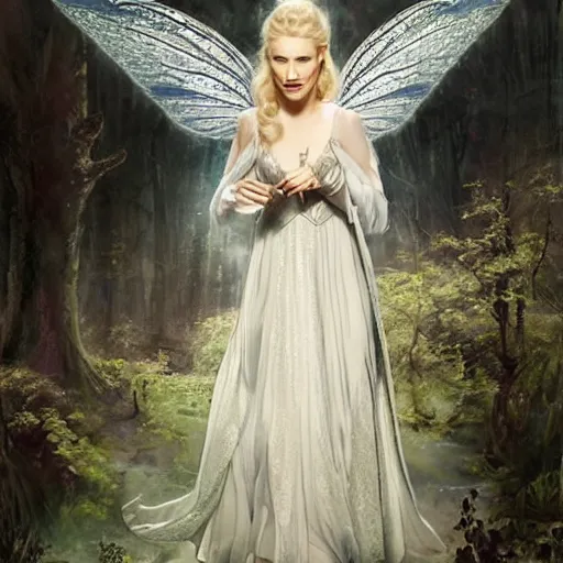 Prompt: portrait of ((mischievous)), sassy, dangerous young (Cate Blanchett) as Galadriel as a queen of fairies, dressed in a beautiful silver dress. The background is a dark, creepy eastern europen forrest. lumnious, photorealistic, dreamlike, (mist filters), theatrical, character concept art by ruan jia, John Anster Fitzgerald, thomas kinkade, and trending on Artstation