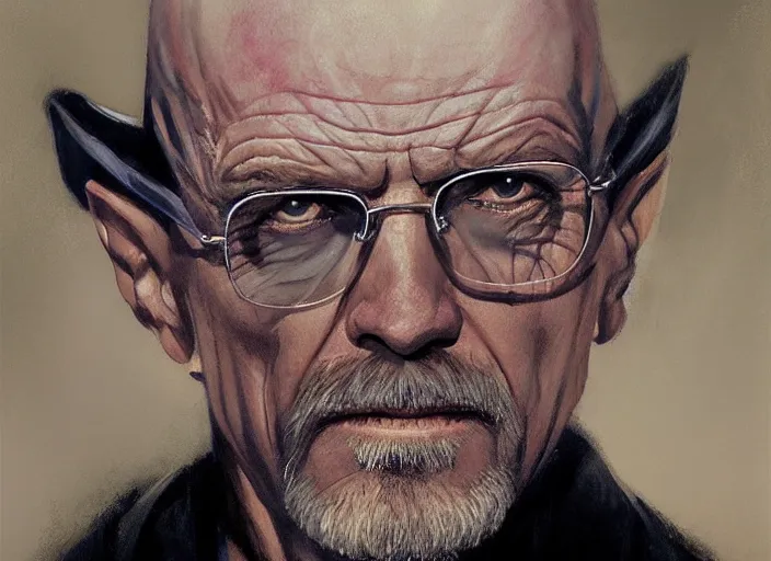 Prompt: a highly detailed beautiful portrait of walter white wearing a vampire costume, by gregory manchess, james gurney, james jean