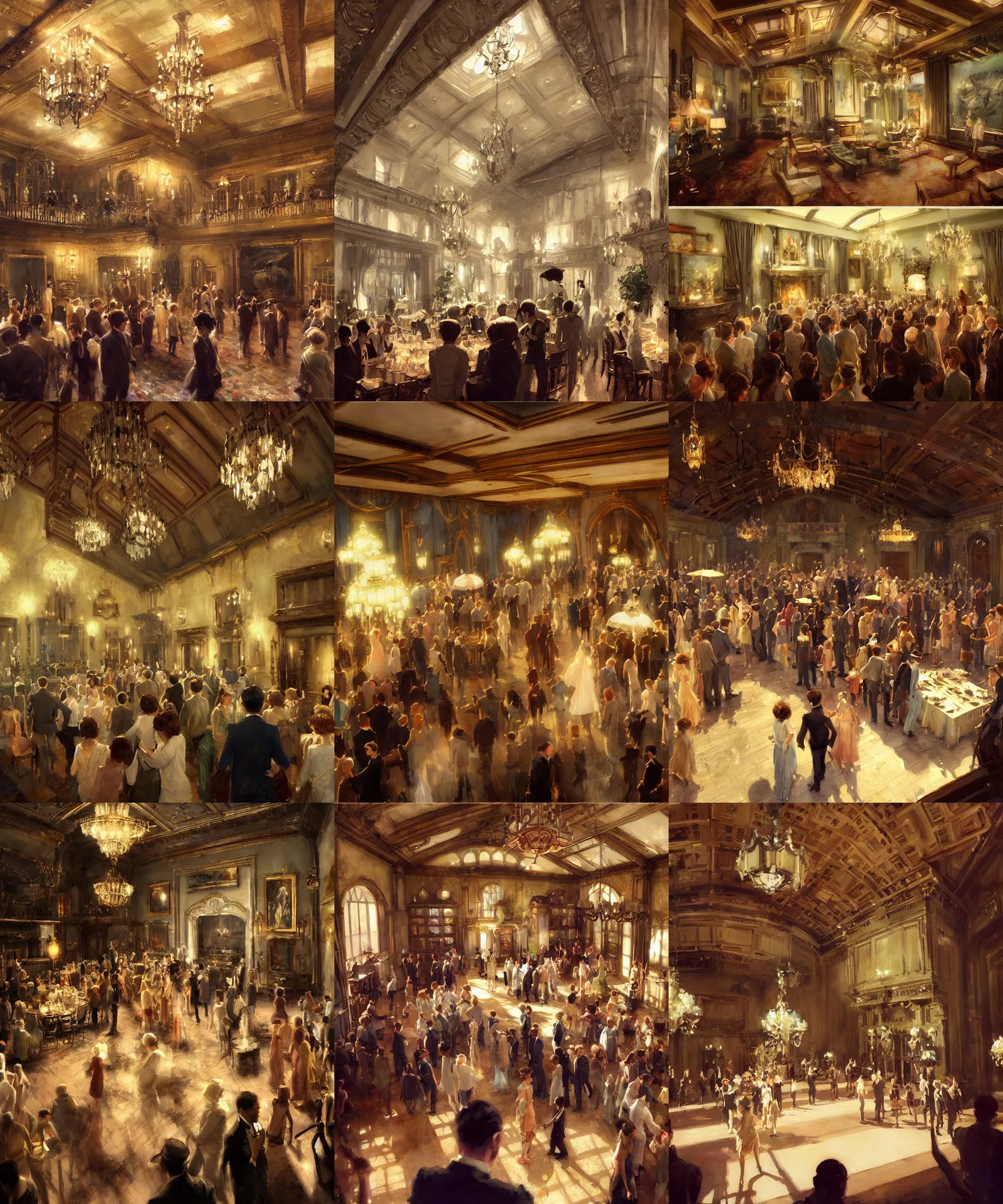 Image similar to craig mullins and ghibli and james gurney detailed painting of a 1 9 2 0 s grand party in a beautiful mansion, vaulted ceiling, many partygoers, strong contrast, unreal engine, hyper realism, realistic shading, cinematic composition, realistic render, octane render, detailed textures, photorealistic, wide shot, 3 5 mm film