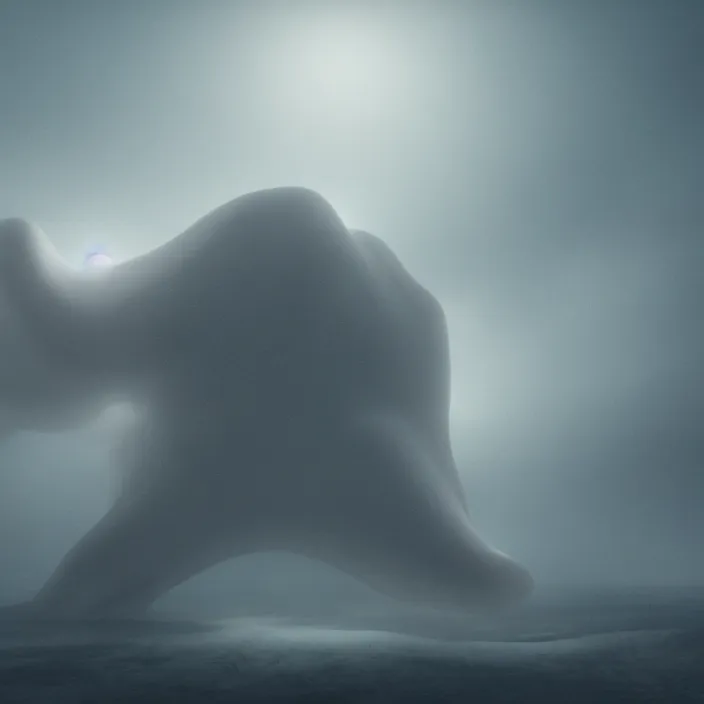 Image similar to a lovecraftian monster emerges out of the clouds, volumetric lighting, fog, atmospheric, high resolution, rendering, octane, redshift