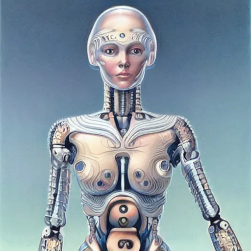 Image similar to humanoid female robot, highly detailed, expressive eyes, beautiful symmetric body, perfect proportions, highly intricate, art by boris vallejo and alex gray