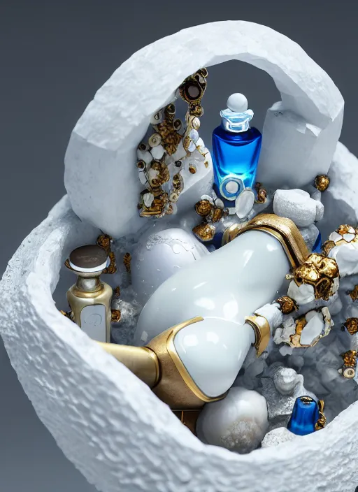 Image similar to perfume bottle in a white cave full of geodes and treasure, up close shot, sharp focus, global illumination, radiant light, alexandre ferra white mecha, irakli nadar, octane highly render, 4 k, ultra hd,