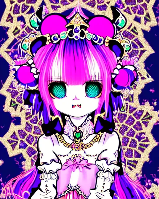 Image similar to baroque bedazzled gothic royalty frames surrounding a pixelsort emo demonic horrorcore japanese beautiful jester decora moe doll, low quality sharpened graphics, remastered chromatic aberration, detailed maximalist sanrio art