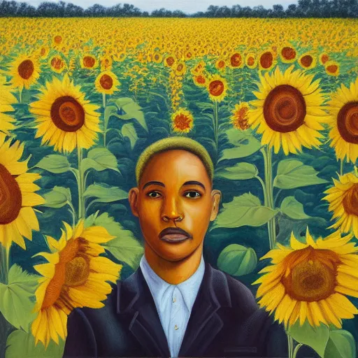 Prompt: a painting of a man standing in a field of sunflowers, an album cover by mac conner, trending on deviantart, harlem renaissance, official art, masterpiece, art