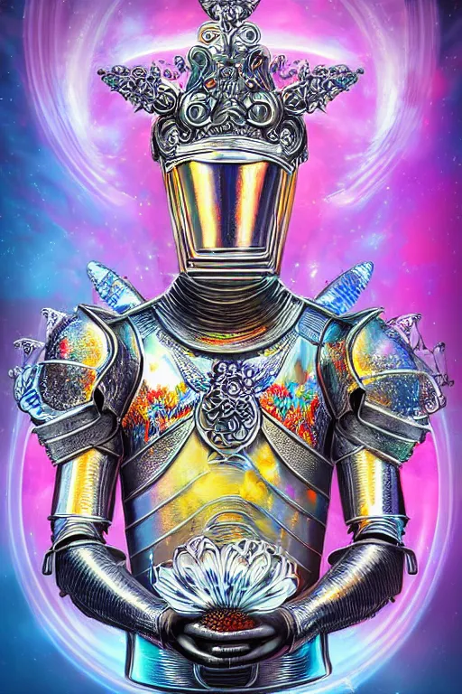 Image similar to opalescent retrofuturistic digital airbrush illustration of a knight wearing an ornate chrome headpiece and holding a flower with a landscape and sky in the background by luigi patrignani