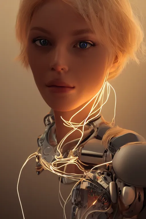 Image similar to a beautiful woman with blonde hair wearing robot suit with wires and light, highly detailed, photorealistic, artstation, smooth