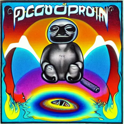 Prompt: psychedelic album art from the 7 0 s of a marshmallow creature sitting in the sun melting