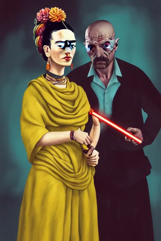 Image similar to photo of frida kahlo having a conversation with walter white! dream breathtaking detailed concept art painting of a jedi dilma rousseff holding a lightsaber, by hsiao - ron cheng, exquisite detail, extremely moody lighting, 8 k