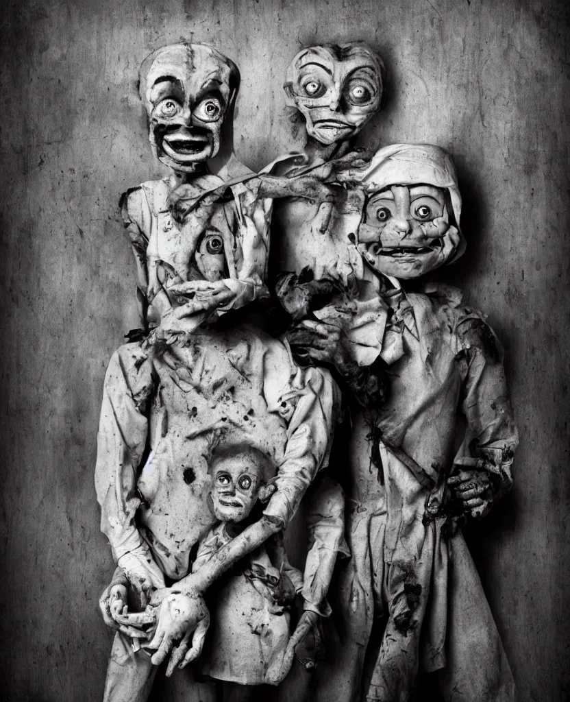 Prompt: movie poster with a creepy ventriloquist dummy in the style of roger ballen, 4 k, bw, portrait