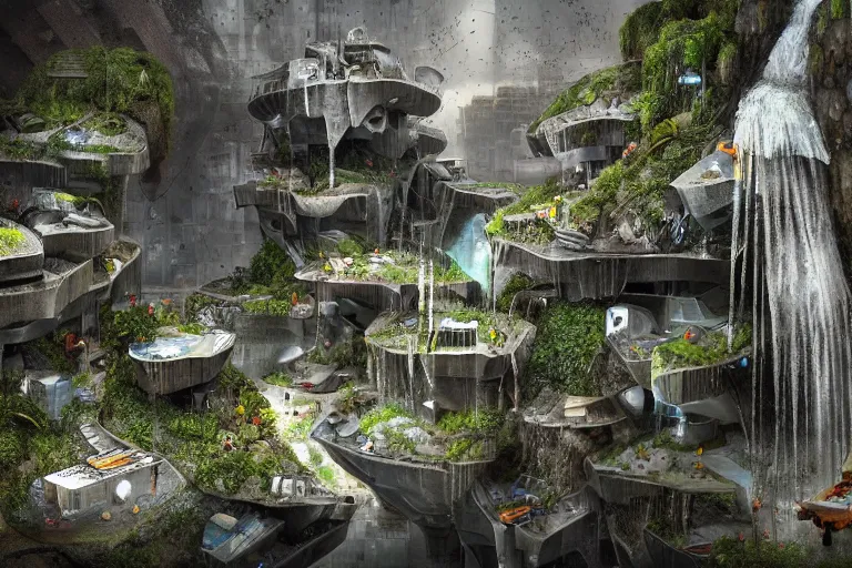 Image similar to favela bunker spaceship colony hive, brutalist waterfall environment, industrial factory, whimsical, award winning art, epic dreamlike fantasy landscape, ultra realistic,