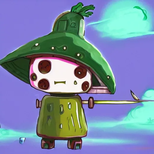 Image similar to little robot with big avocado hat and a carrot sword, made in abyss style