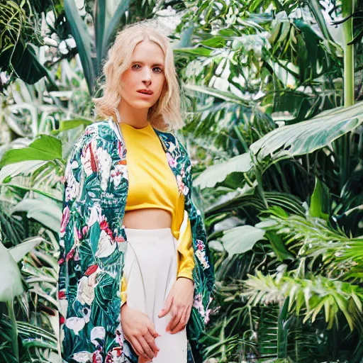 Prompt: head to waist medium format portrait photograph of an elegant blond woman wearing a yellow kimono in a tropical greenhouse. looking at the camera!!. super resolution. 85 mm f1.8 lens.bokeh.graflex. Alessio albi