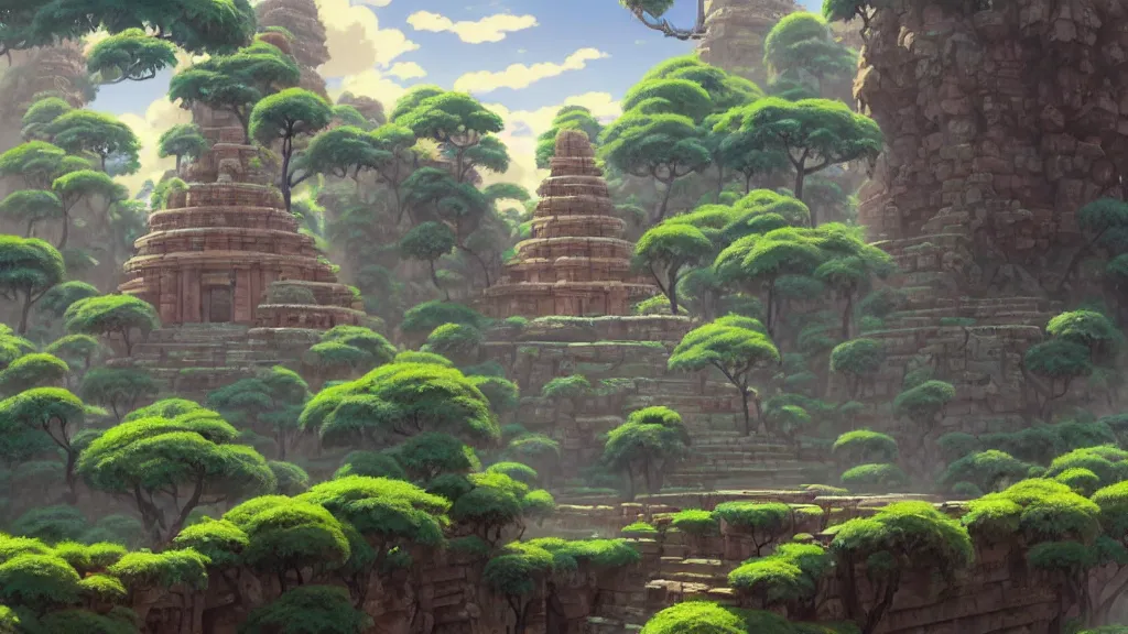 Image similar to ancient temple ruins, studio ghibli, pixar and disney animation, sharp, rendered in unreal engine 5, highly detailed, digital painting, artstation, concept art, smooth, sharp focus, illustration, wide angle, artbook, wallpaper, splash art, promo art, dramatic lighting, art by artgerm and greg rutkowski and bo chen and jin xiaodi